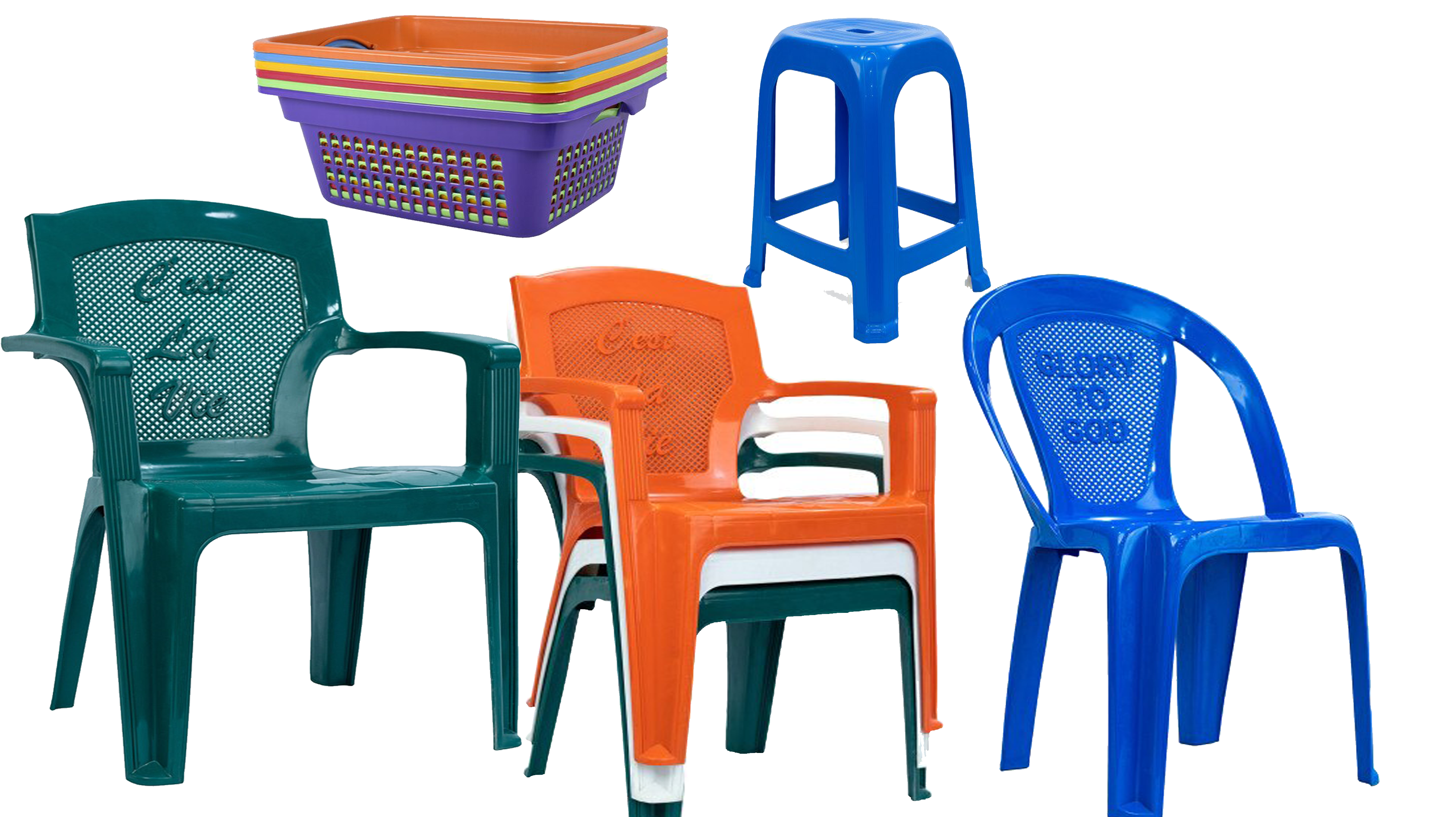 Colorful kitchen and household plastic items